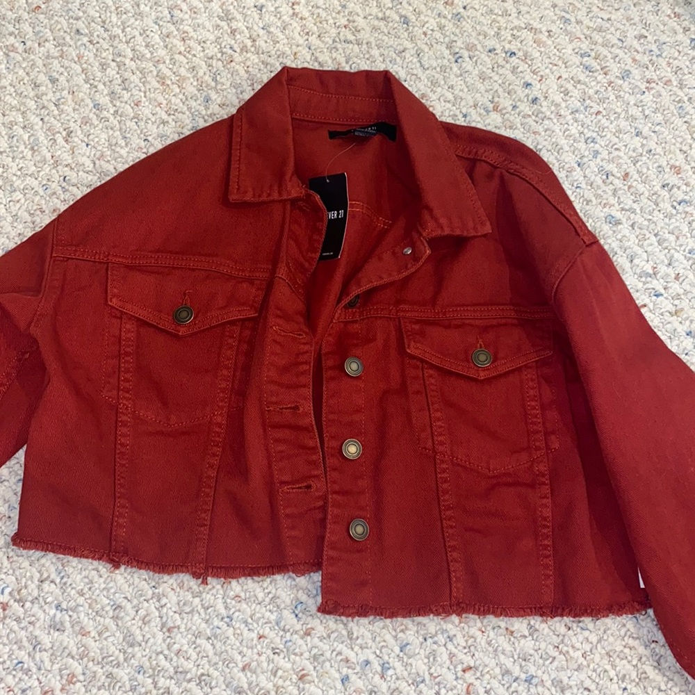 Cropped red denim jacket
